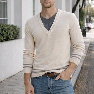 Vintage Chaus Men’s Knit Sweater Hong Kong V-Neck Cream Beige Size M